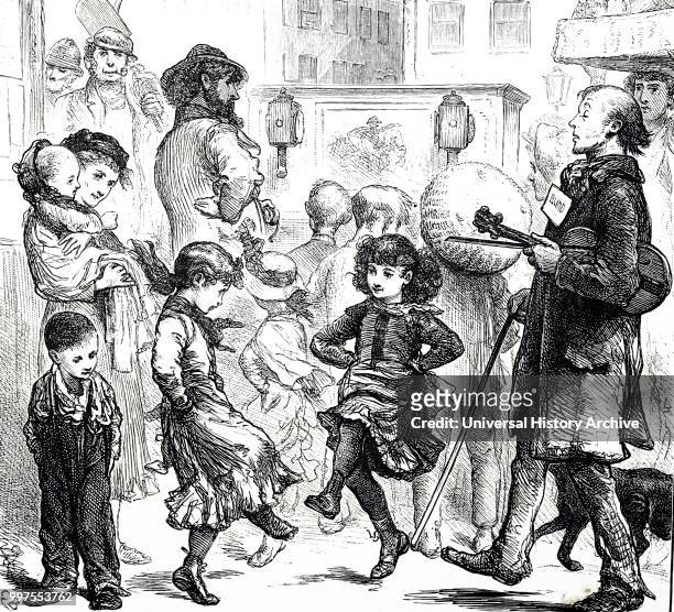 Engraving depicting a blind fiddler and an 'Italian' organ grinder in a London street. Dated 19th century.
