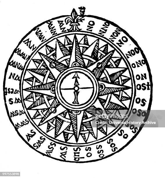 Woodblock engraving depicting a compass rose showing the cardinal points. This type of compass probably came into use in the west in the beginning of...