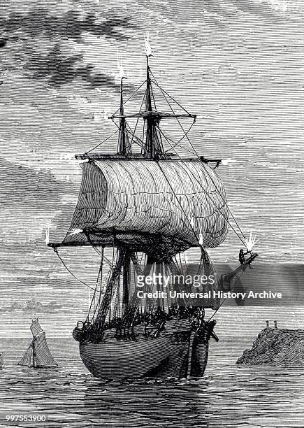 Engraving depicting St Elmo's fire appearing on the masts and spars of a sailing ship. Dated 19th century.
