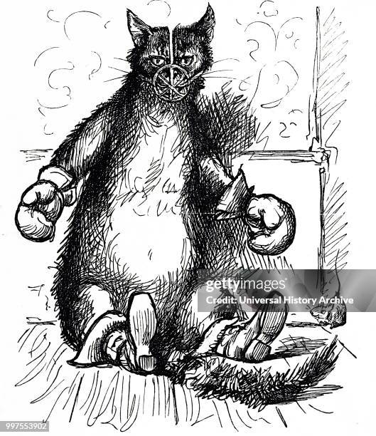 Cartoon depicting a cat wearing a muzzle, gloves and boots trying to prevent the spread of disease presumed to be represented by the mouse. Concern...