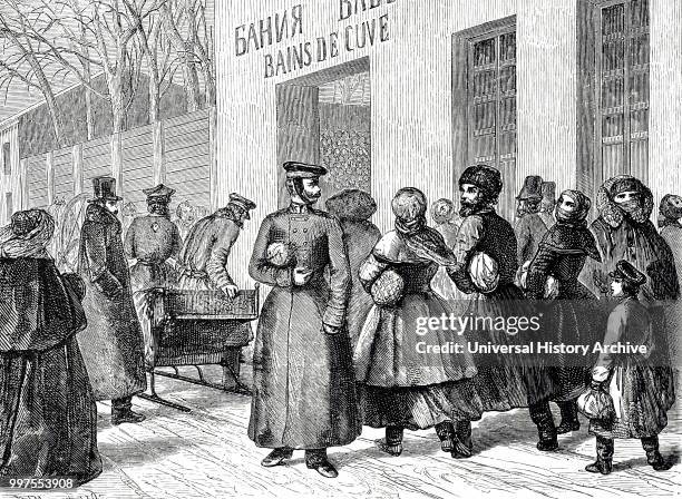Engraving depicting a Saturday afternoon outside the St Petersburg public baths. Dated 19th century.