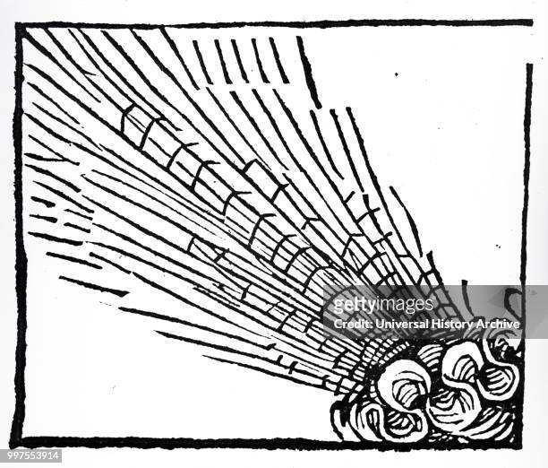Woodblock engraving depicting the bright comet of July 1264. Dated 15th century.