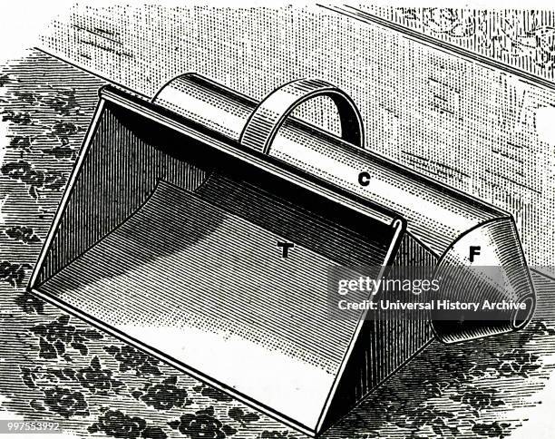 Engraving depicting a dustpan with a reservoir to prevent dust already collected from falling out during use. When full the pan was emptied through...