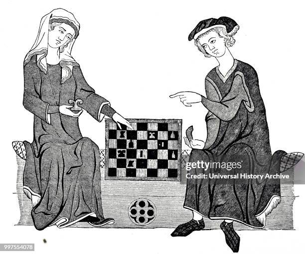 Engraving depicting a young couple playing a game of chess. Based on a 13th century miniature. Dated 19th century.