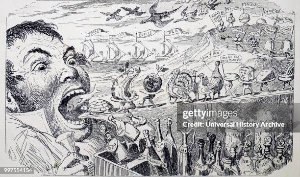 Cartoon depicting a gluttonous man devouring a Christmas feast. Illustrated by George Cruikshank a British caricaturist and book illustrator. Dated...