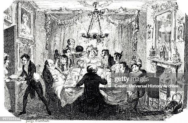 Cartoon depicting the serving of a Christmas Pudding. Illustrated by George Cruikshank a British caricaturist and book illustrator. Dated 19th...