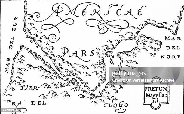 Woodcut engraving based on Jodocus Hondius' map showing the Straits of Magellan and Terra del Fueogo. Magellan passed through the Straits and round...