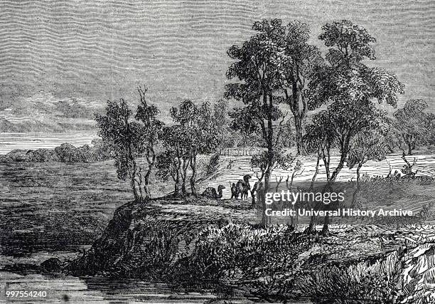 Engraving depicting a scene from Burke and Wills' expedition of Australia. Robert O'Hara Burke an Irish soldier, police officer and explorer. William...