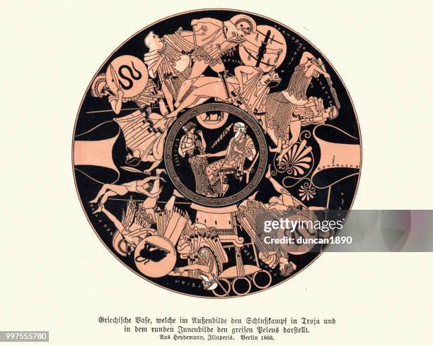 ancient greek vase design, warriors and heros of mythology - ancient greece stock illustrations