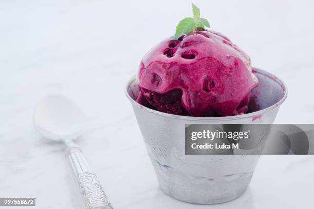 refreshing blueberry sorbet ice cream with mint in tin cup - mint ice cream stock pictures, royalty-free photos & images