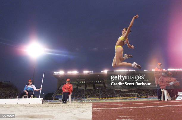 Maurren Higa Maggi of Brazil in action whilst winning the Womens Long Jump during the athletics at the ANZ Stadium during the Goodwill Games in...