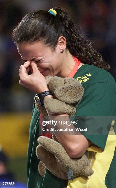 Maurren Higa Maggi of Brazil breaks down after winning the Gold medal in the Womens Long Jump during the athletics at the ANZ Stadium during the...