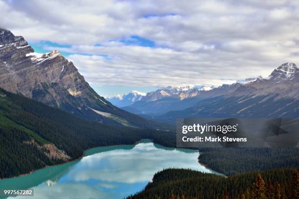 peyto lake nestled in the canadian rockies - peyto lake stock pictures, royalty-free photos & images