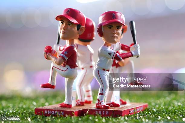 Detail of the Shohei Ohtani of the Los Angeles Angels bobblehead that was given to fans prior to a game against the Seattle Mariners at Angel Stadium...