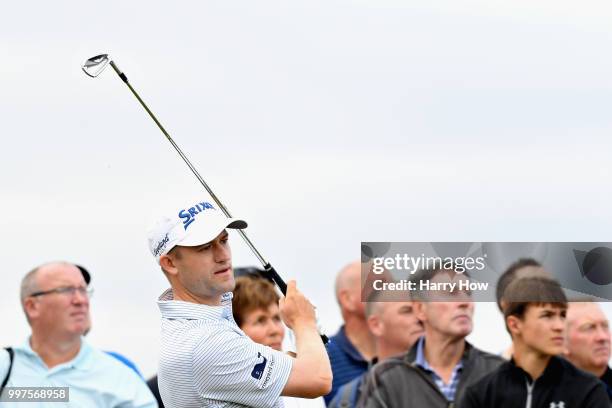 Russell Knox of Scotland takes his tee shot on hole three during day two of the Aberdeen Standard Investments Scottish Open at Gullane Golf Course on...