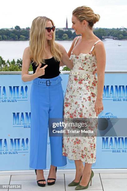 Amanda Seyfried and Lily James during the Mamma Mia! Here we go again' Musical Photo Call on July 12, 2018 in Hamburg, Germany.