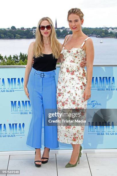 Amanda Seyfried and Lily James during the Mamma Mia! Here we go again' Musical Photo Call on July 12, 2018 in Hamburg, Germany.