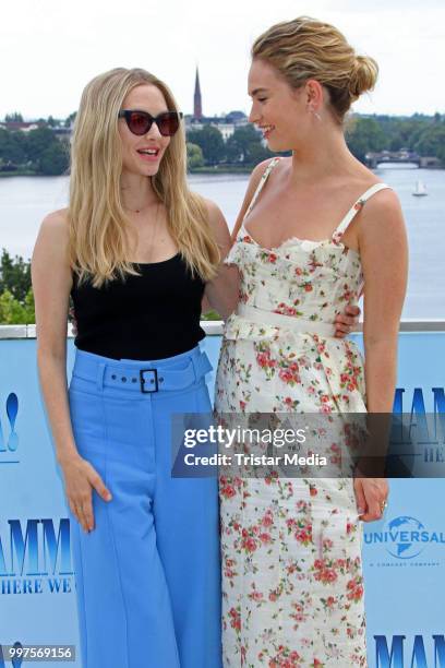 Amanda Seyfried and Lily James during the Mamma Mia! Here we go again' Musical Photo Call on July 12, 2018 in Hamburg, Germany.