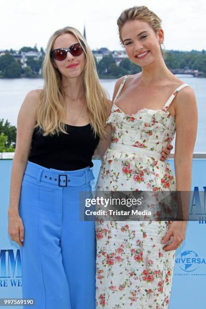 Amanda Seyfried and Lily James during the Mamma Mia! Here we go again' Musical Photo Call on July 12, 2018 in Hamburg, Germany.