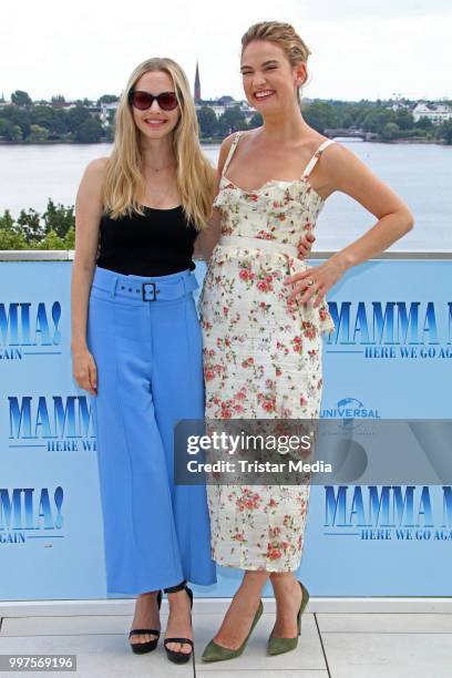 Amanda Seyfried and Lily James during the Mamma Mia! Here we go again' Musical Photo Call on July 12, 2018 in Hamburg, Germany.