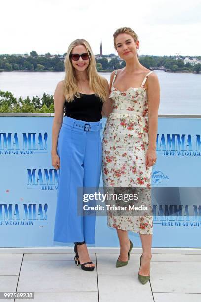 Amanda Seyfried and Lily James during the Mamma Mia! Here we go again' Musical Photo Call on July 12, 2018 in Hamburg, Germany.