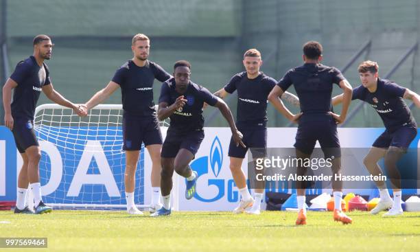Danny Welbeck takes part in a drill with team mates during an England training session during the 2018 FIFA World Cup Russia at Spartak Zelenogorsk...