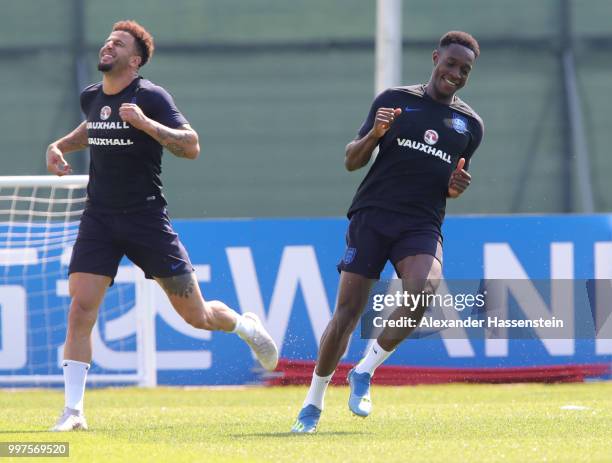 Danny Welbeck and Kyle Walker of England take part in a drill during an England training session during the 2018 FIFA World Cup Russia at Spartak...