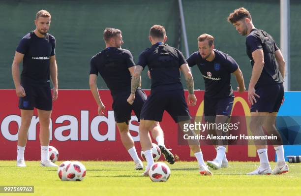 Harry Kane takes part in a drill with team mates during an England training session during the 2018 FIFA World Cup Russia at Spartak Zelenogorsk...