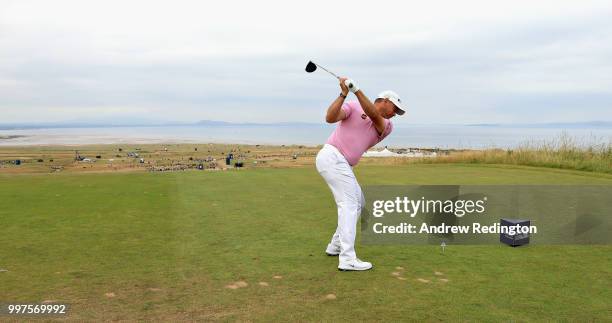 Lee Westwood of England takes his tee shot on hole six during day two of the Aberdeen Standard Investments Scottish Open at Gullane Golf Course on...