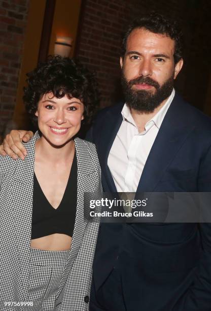 Tatiana Maslany and partner Tom Cullen pose at the opening night party for the new Second Stage Theatre play "Mary Page Marlowe" at Churrascaria...