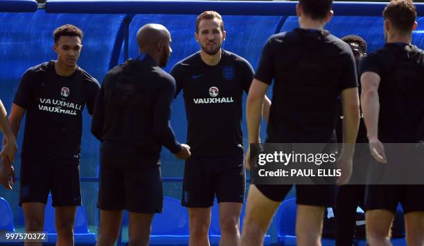 England's forward Harry Kane takes part in a training session in Repino near Saint Petersburg on July 13, 2018 on the eve of the Russia 2018 World...