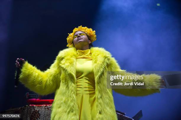 Li Saumet of Bomba Estereo performs on stage during BBK Live Festival at Kobetamendi on July 12, 2018 in Bilbao, Spain.