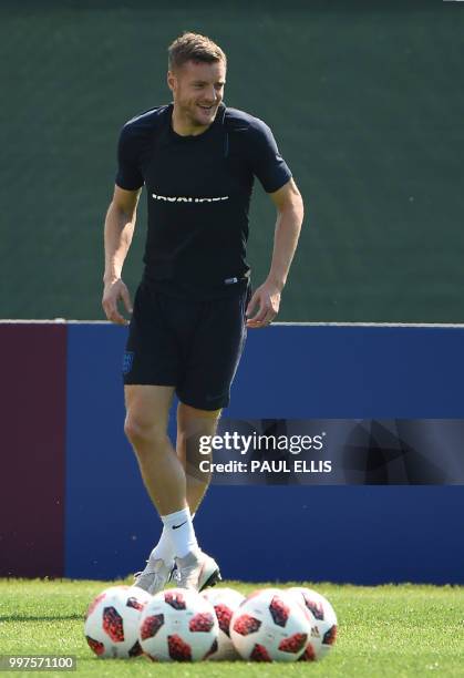 England's forward Jamie Vardy takes part in a training session in Repino near Saint Petersburg on July 13, 2018 on the eve of the Russia 2018 World...