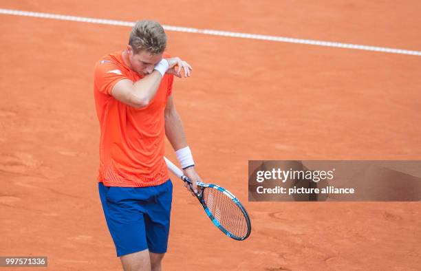 Jan-Lennard Struff of Germany playing against L. Mayer of Argentina in the men's singles at the Tennis ATP-Tour German Open in Hamburg, Germany, 27...