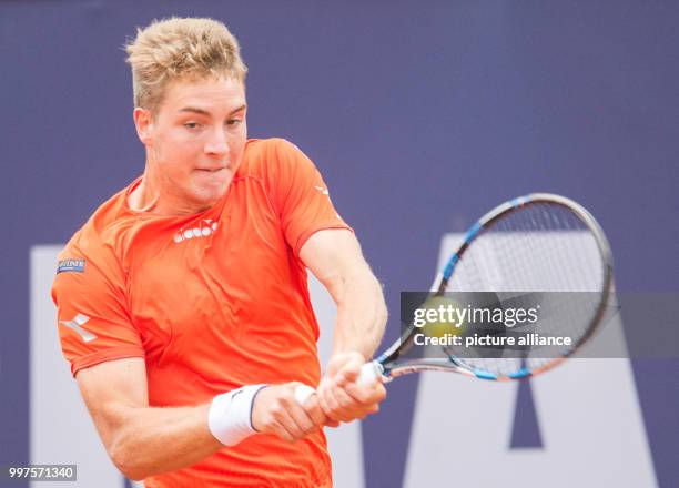 Jan-Lennard Struff of Germany playing against L. Mayer of Argentina in the men's singles at the Tennis ATP-Tour German Open in Hamburg, Germany, 27...