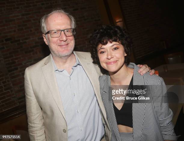 Playwright Tracy Letts and Tatiana Maslany pose at the opening night party for the new Second Stage Theatre play "Mary Page Marlowe" at Churrascaria...