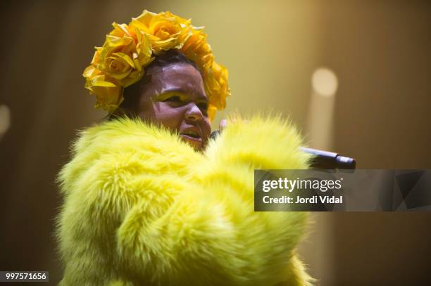 Li Saumet of Bomba Estereo performs on stage during BBK Live Festival at Kobetamendi on July 12, 2018 in Bilbao, Spain.