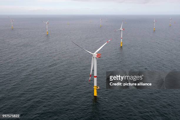 The offshore wind park "Nordsee 1" can be seen in front of the East Frisian island Spiekeroog, Germany, 27 July 2017. At this moment roughly half of...