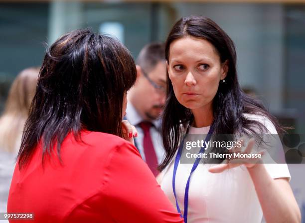 Czech Republic's Finance Minister Alena Schillerova is talking with the Czech deputy Finance Minister Lenka Dupakova during an EU EcoFin Ministers...