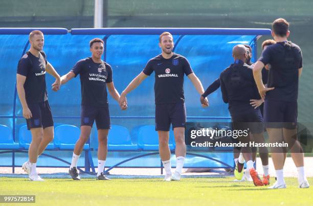 Players take part in a drill during an England training session during the 2018 FIFA World Cup Russia at Spartak Zelenogorsk Stadium on July 13, 2018...