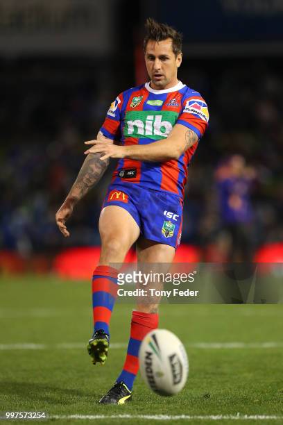 Mitchell Pearce of the Knights in the warm up before the start of the game during the round 18 NRL match between the Newcastle Knights and the...