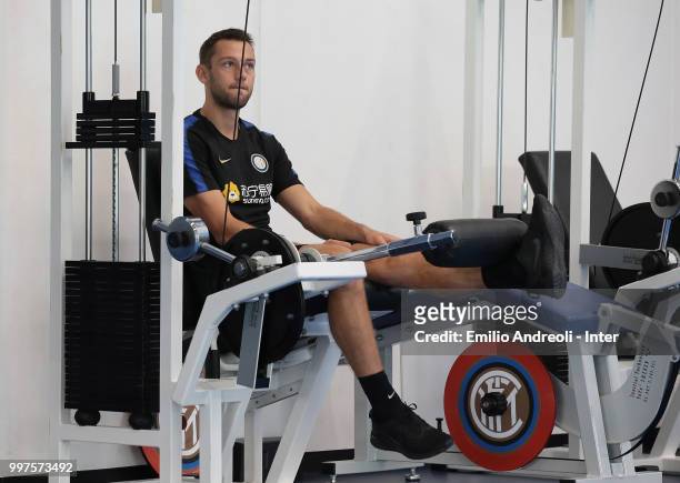 Stefan De Vrij of FC Internazionale trains in the gym during the FC Internazionale training session at the club's training ground Suning Training...