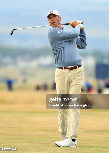 Matt Kuchar of USA takes his second shot on hole seven during day two of the Aberdeen Standard Investments Scottish Open at Gullane Golf Course on...