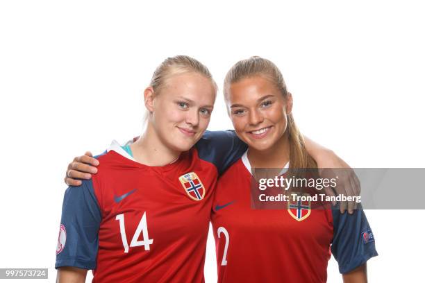 Malin Skulstad Sunde, Camilla Huseby of Norway during J19 Photocall at Thon Arena on July 12, 2018 in Lillestrom, Norway.
