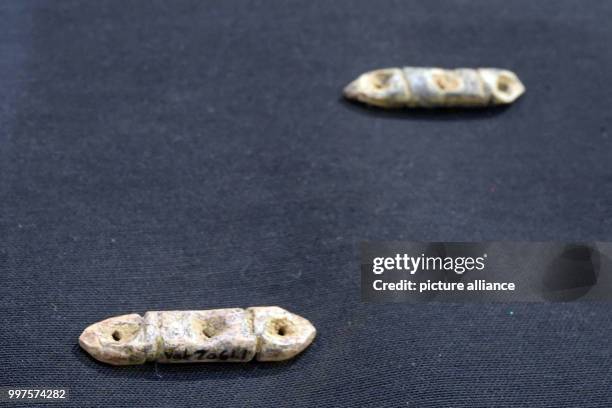 Beads made of ivory can be seen in a exhibition case at the Prehistoric museum in Blaubeuren, Germany, 28 July 2017. The accessories were found by...