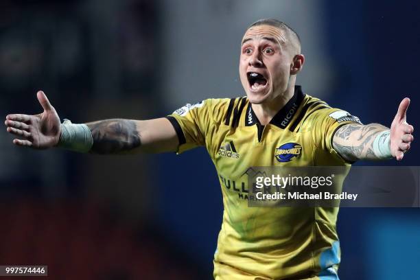 Hurricanes' TJ Perenara yell the the referee during the round 19 Super Rugby match between the Chiefs and the Hurricanes at Waikato Stadium on July...