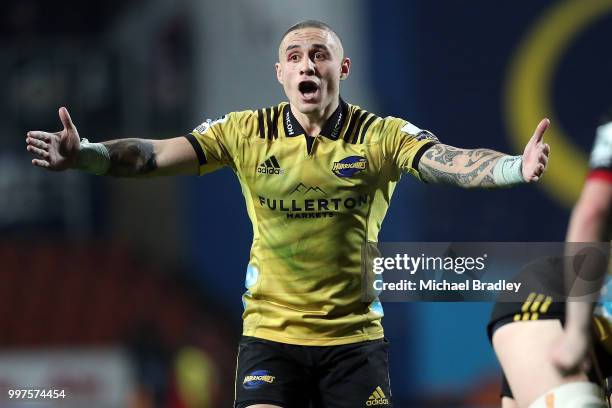 Hurricanes' TJ Perenara yell the the referee during the round 19 Super Rugby match between the Chiefs and the Hurricanes at Waikato Stadium on July...