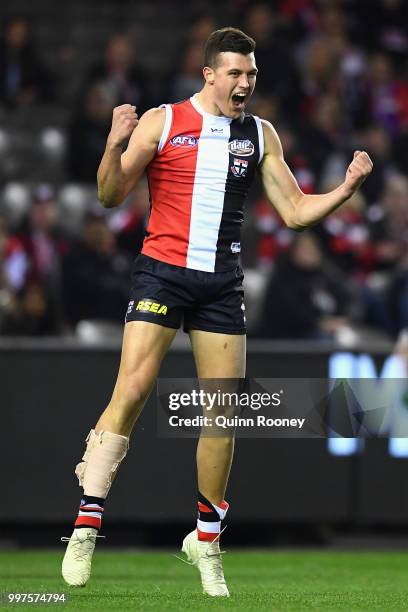 Rowan Marshall of the Saints celebrates kicking a goal during the round 17 AFL match between the St Kilda Saints and the Carlton Blues at Etihad...