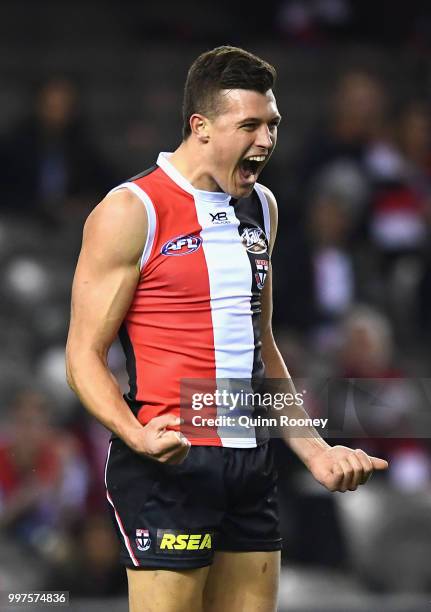 Rowan Marshall of the Saints celebrates kicking a goal during the round 17 AFL match between the St Kilda Saints and the Carlton Blues at Etihad...