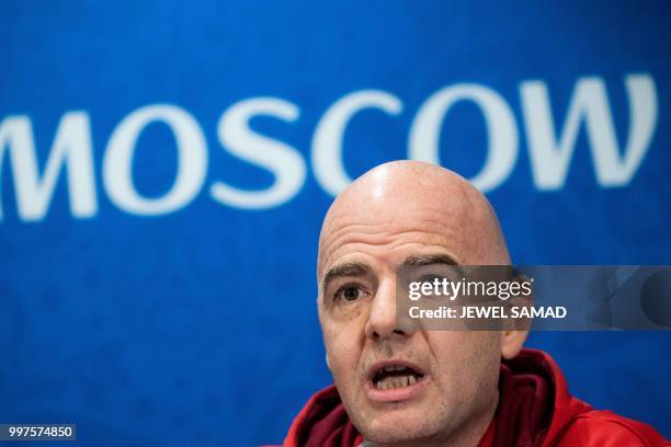 President Gianni Infantino holds a press conference at the Luzhniki Stadium in Moscow on July 13 two days before the Russia 2018 World Cup final...